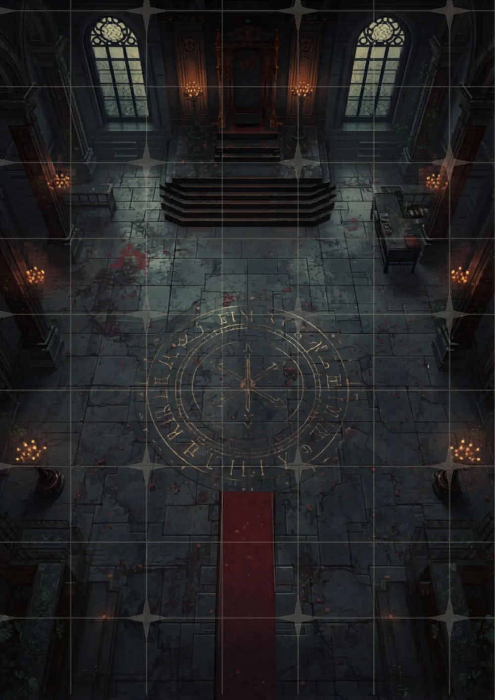 Grand Ballroom — moody illustrated battle map with grid overlay
